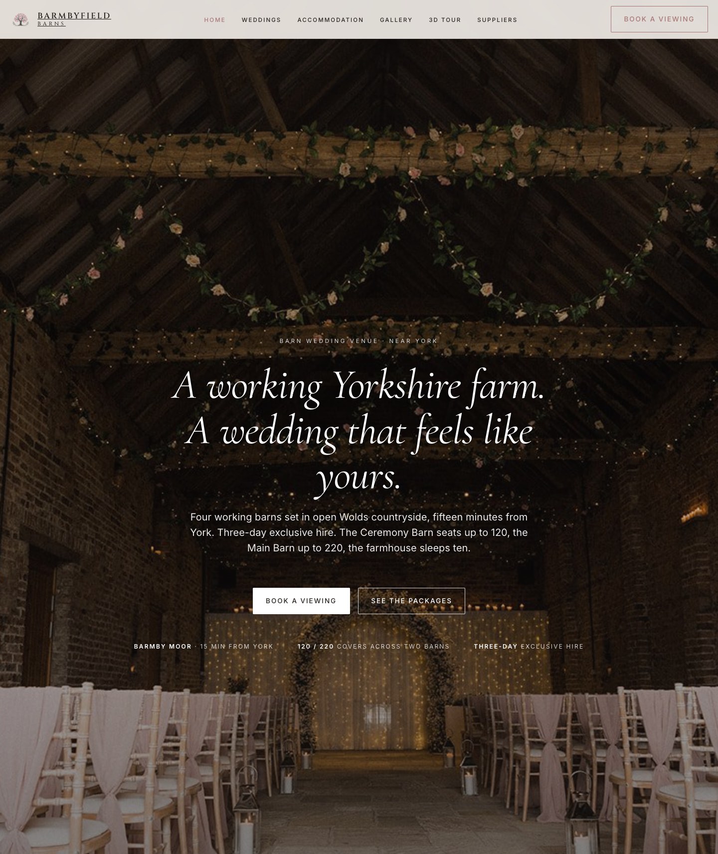 Barmbyfield Barns homepage — Yorkshire wedding venue site with a candlelit barn ceremony aisle