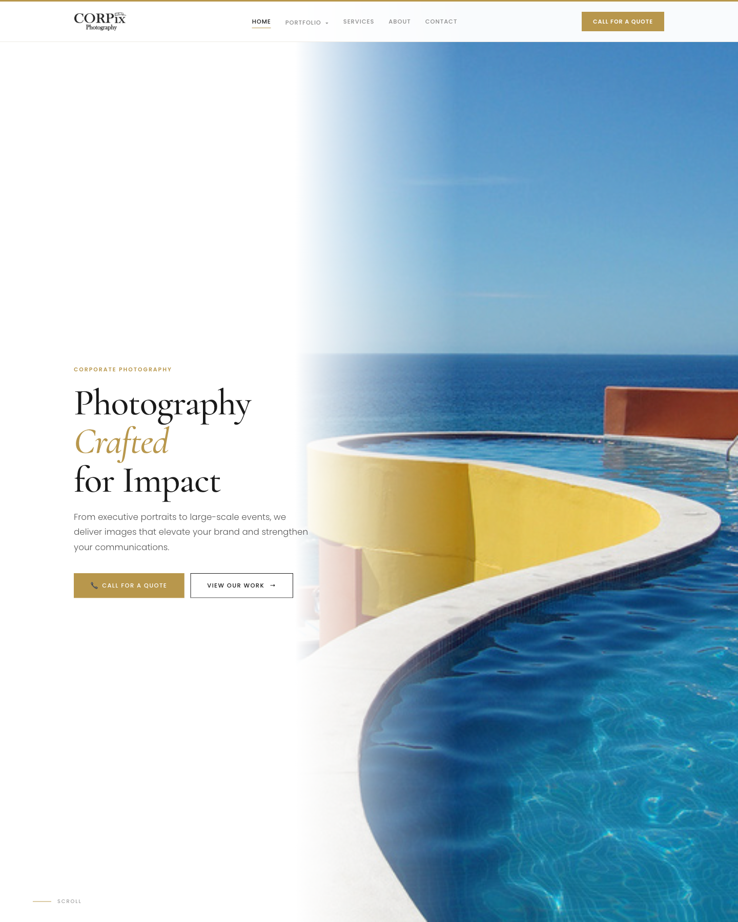 Corpix Photography homepage — editorial photography portfolio with cream and sky blue palette