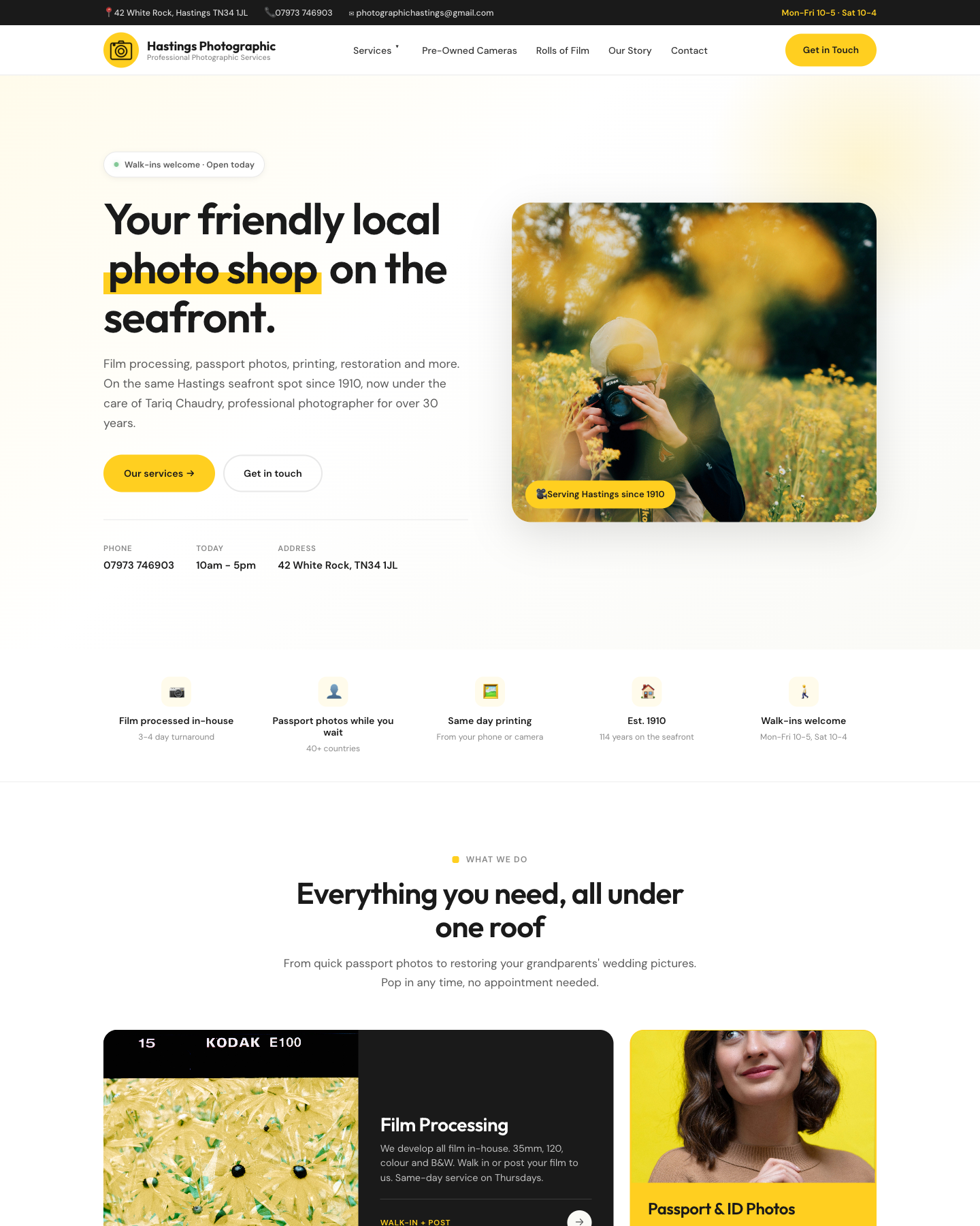 Hastings Photographic homepage — friendly seafront photo shop site with bold black and yellow brand